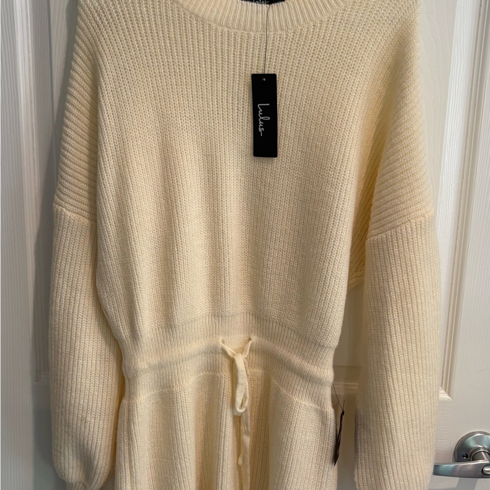Lulu's Cream Crewneck Drawstring Waist Knit Sweater Dress